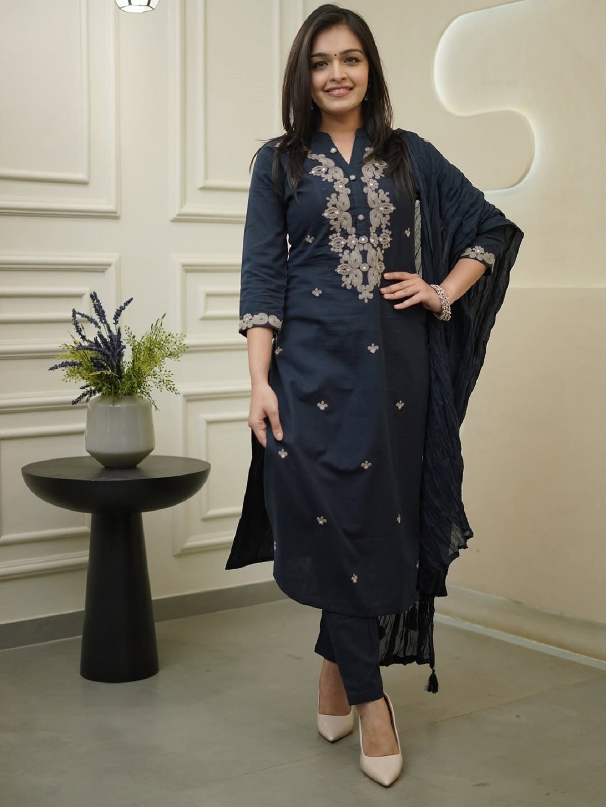 Navya Kurti 141 Party Wear Embroidery Worked Cotton Silk Kurti with Pant and Dupatta Set 