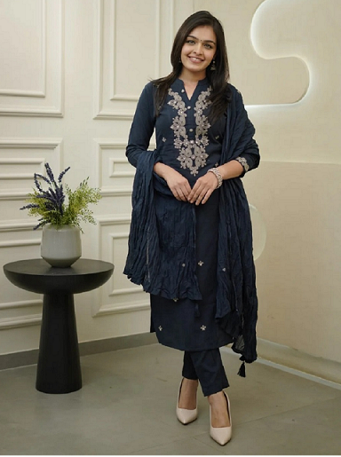 Navya Kurti 141 Party Wear Embroidery Worked Cotton Silk Kurti with Pant and Dupatta Set 