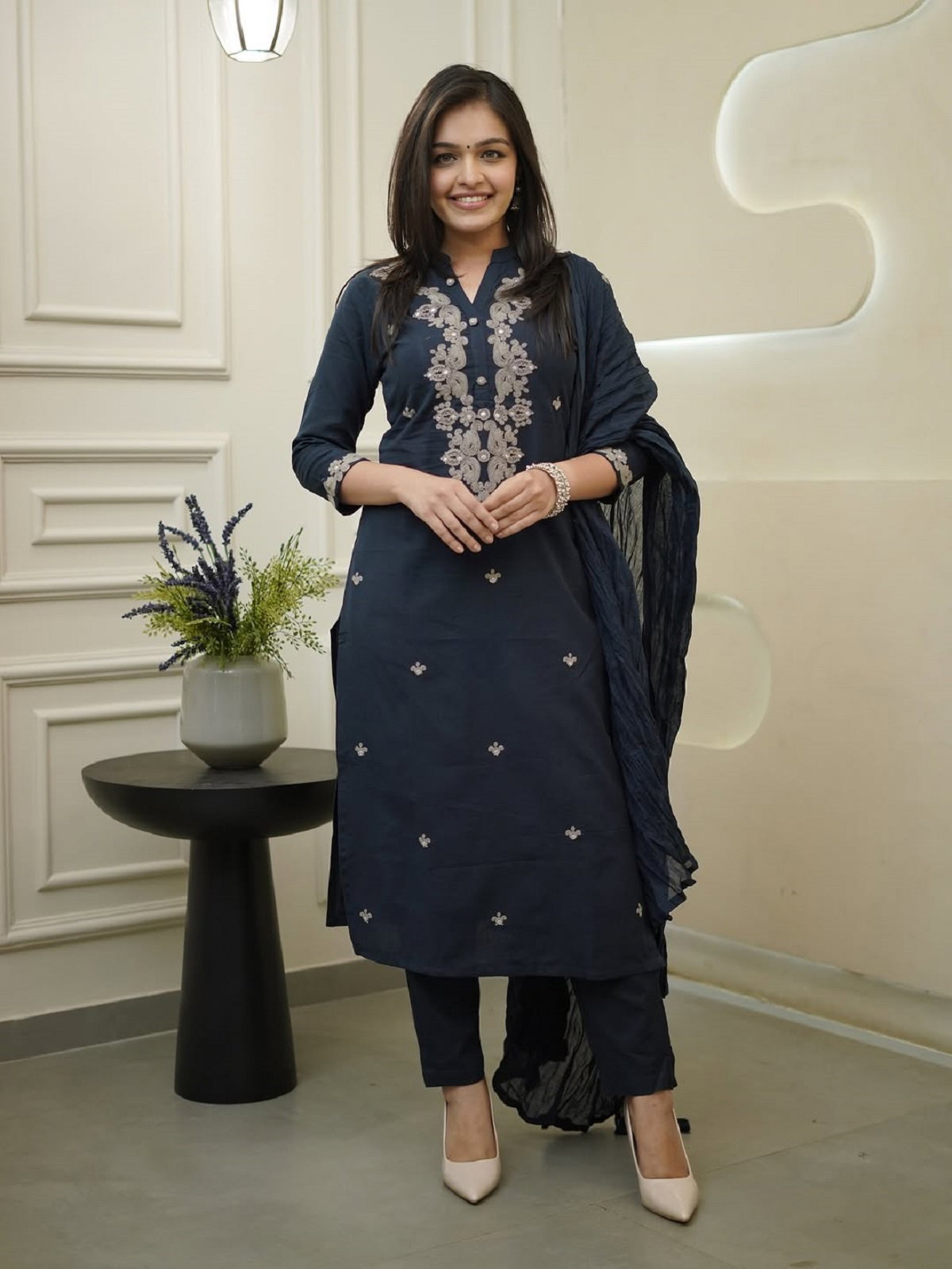 Navya Kurti 141 Party Wear Embroidery Worked Cotton Silk Kurti with Pant and Dupatta Set 