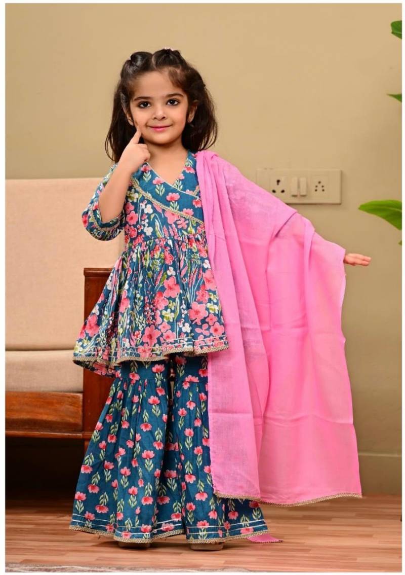 Naisha Kids 07 Girls Cotton Kurta Sharara And Dupatta Set