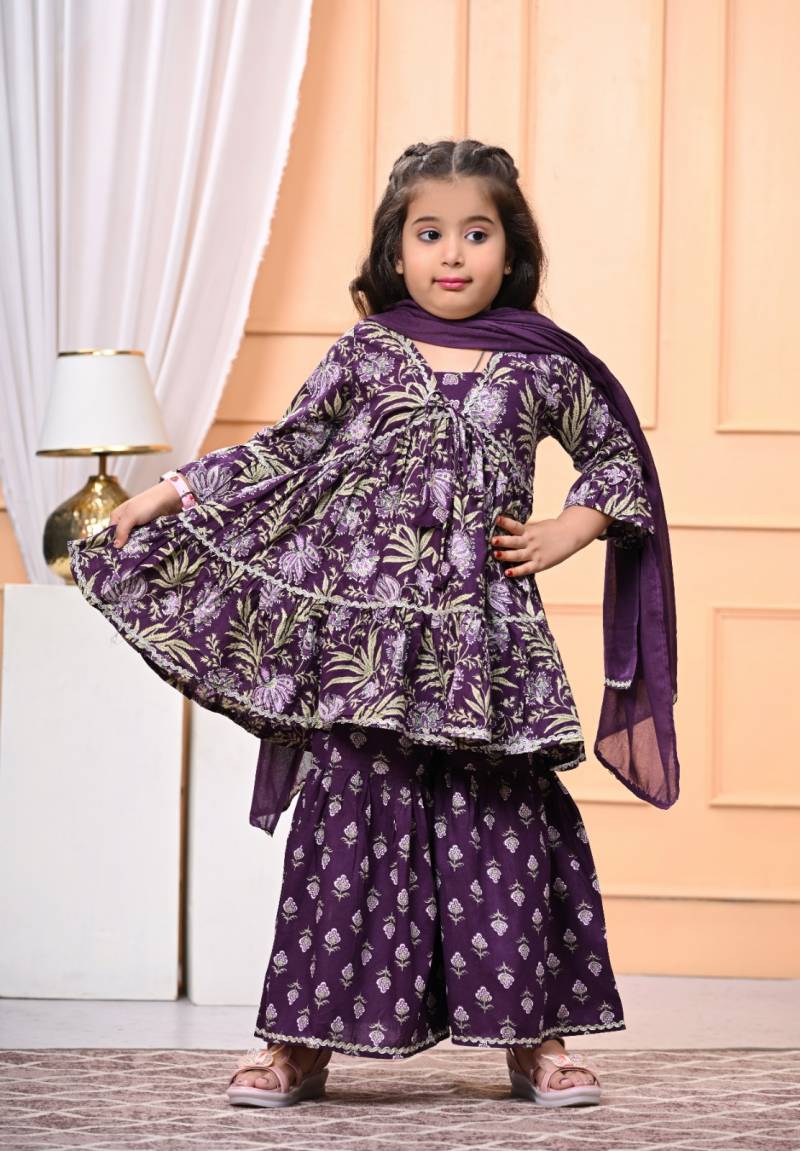 Naisha Kids 08 Girls Cotton Kurta Sharara And Dupatta Set