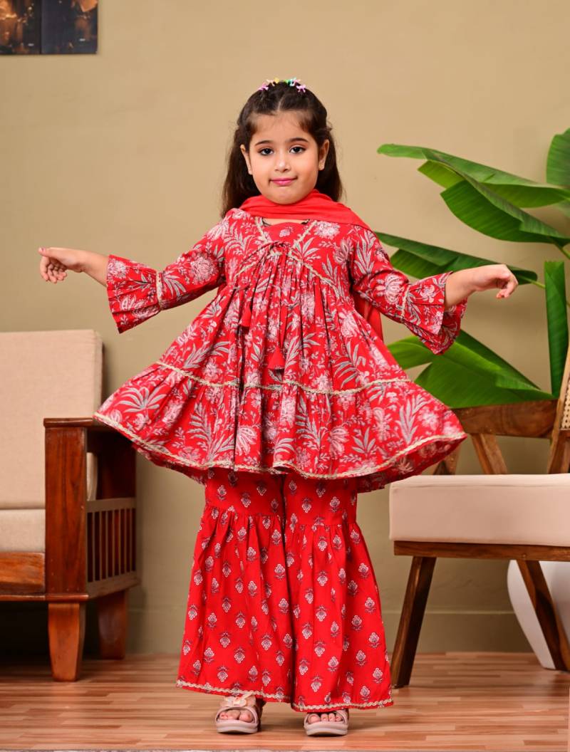 Naisha Kids 08 Girls Cotton Kurta Sharara And Dupatta Set