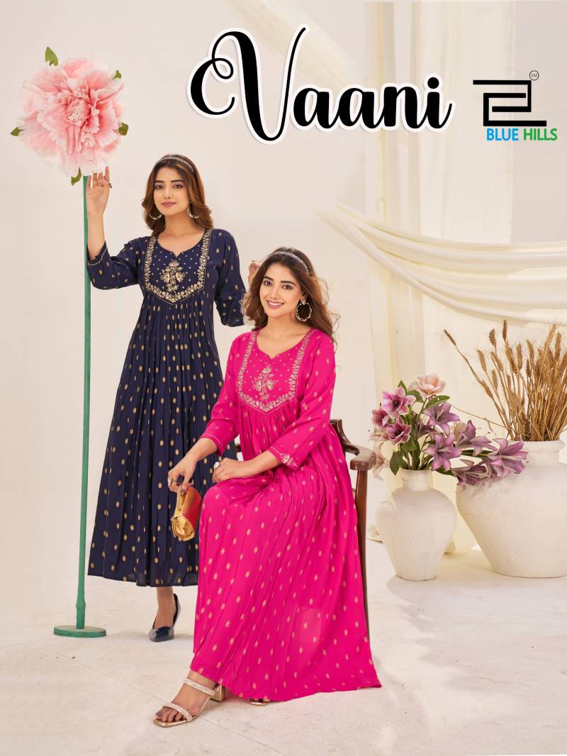 Blue Hills Vaani Rayon With Foil Printed Anarkali Kurtis Collection