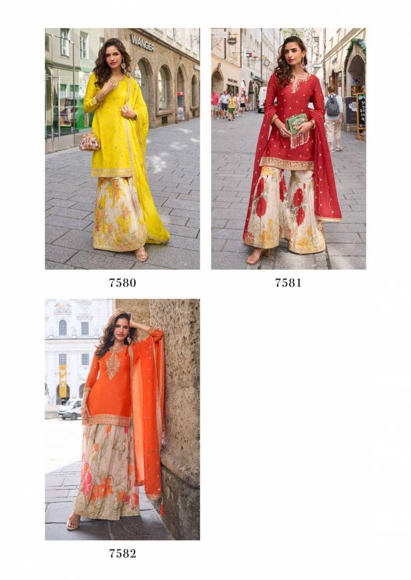 Rashmika Hit 7580 To 82 Chinon Embroidered Sharara Collection