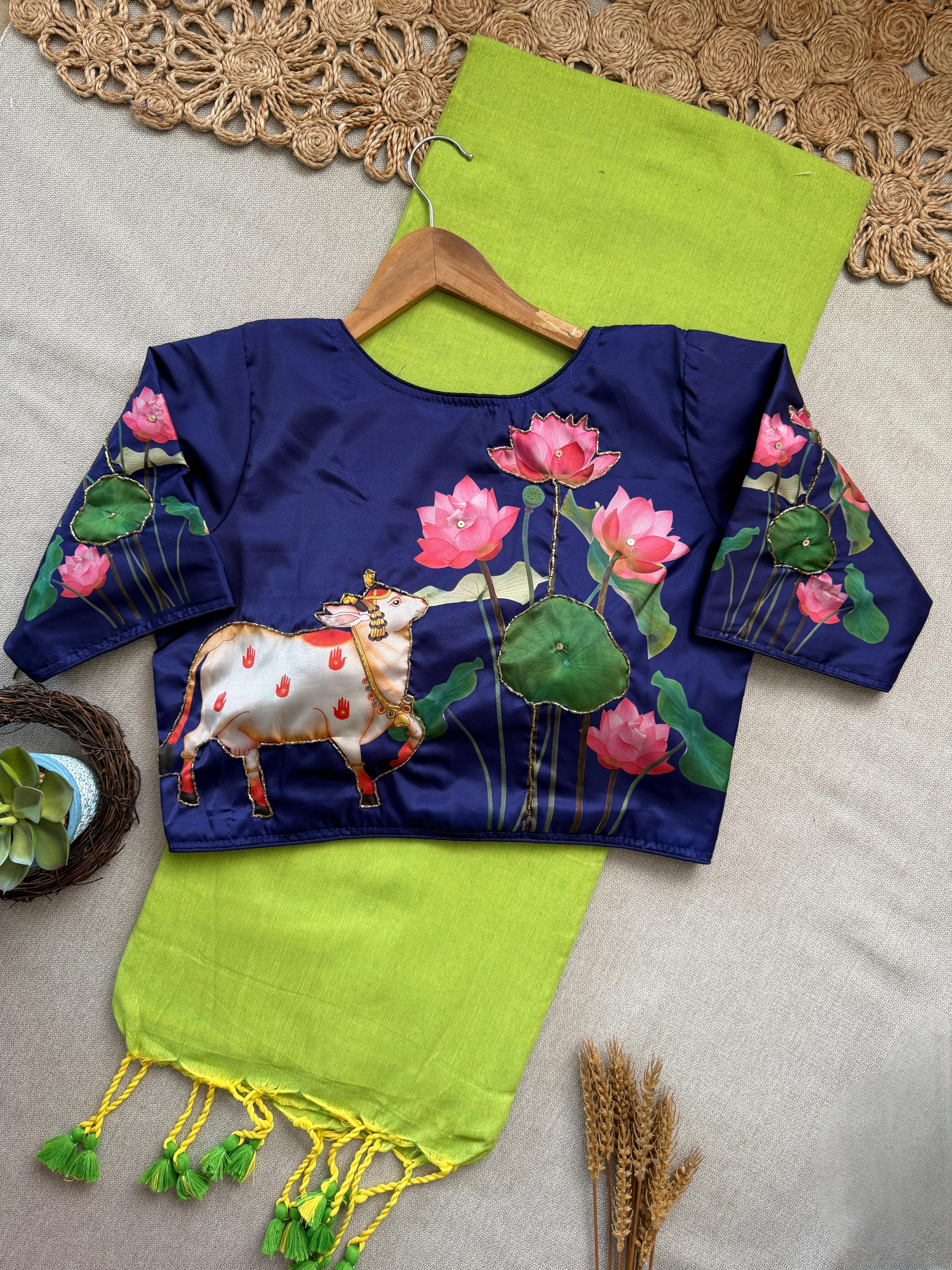 Lekha CF 175 Khadi Cotton Plain Saree With Readymade Handworked Digital Printed Blouse