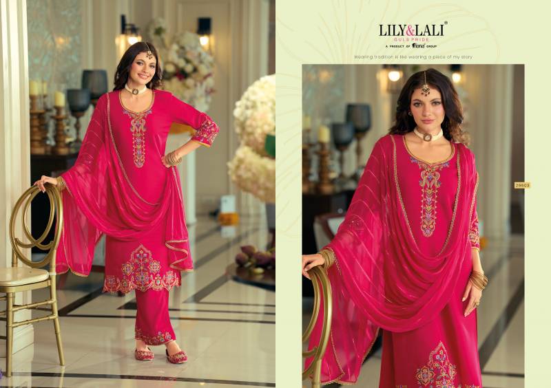 Lily And Lali Rang Rang Viscose Fancy Silk Embroidery Kurti Pant And Dupatta