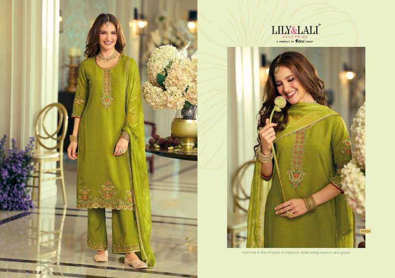 Lily And Lali Rang Rang Viscose Fancy Silk Embroidery Kurti Pant And Dupatta