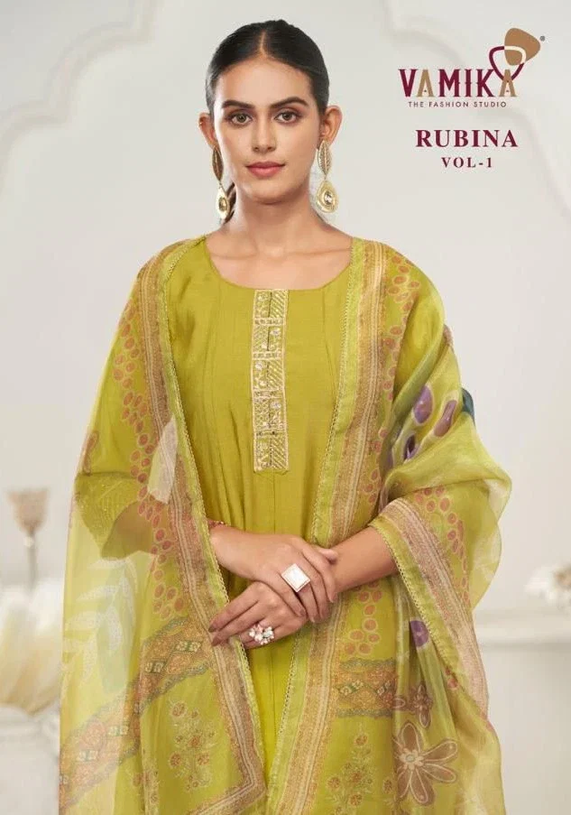 Vamika Rubina Vol 1 Viscose Roman Silk Work Kurti Pant And Dupatta