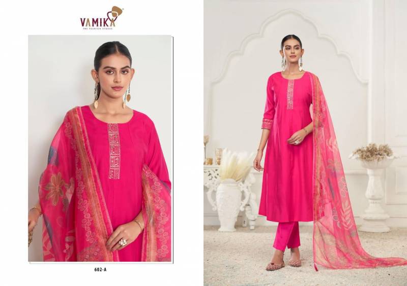 Vamika Rubina Vol 1 Viscose Roman Silk Work Kurti Pant And Dupatta