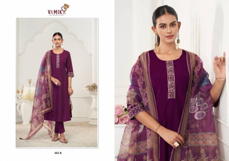 Vamika Rubina Vol 1 Viscose Roman Silk Work Kurti Pant And Dupatta