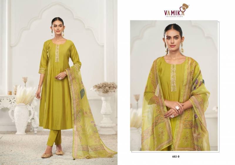 Vamika Rubina Vol 1 Viscose Roman Silk Work Kurti Pant And Dupatta