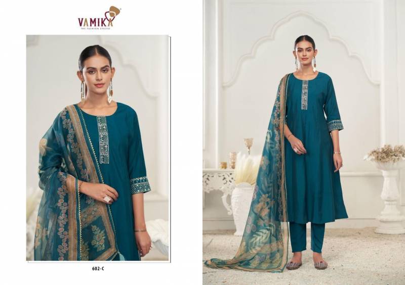Vamika Rubina Vol 1 Viscose Roman Silk Work Kurti Pant And Dupatta