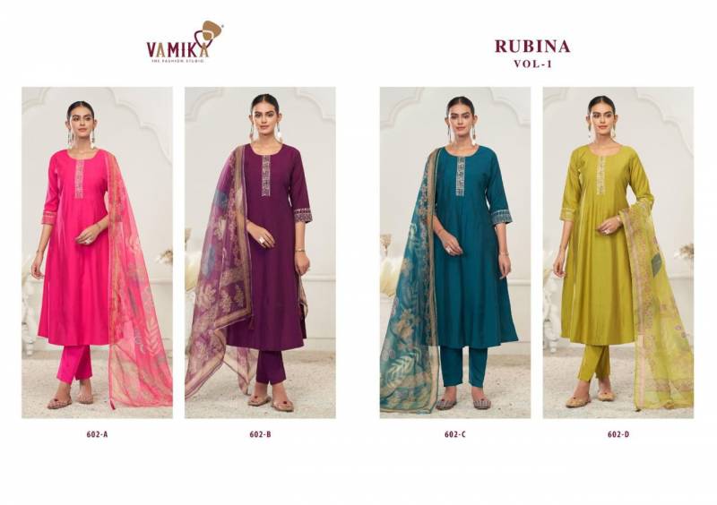 Vamika Rubina Vol 1 Viscose Roman Silk Work Kurti Pant And Dupatta
