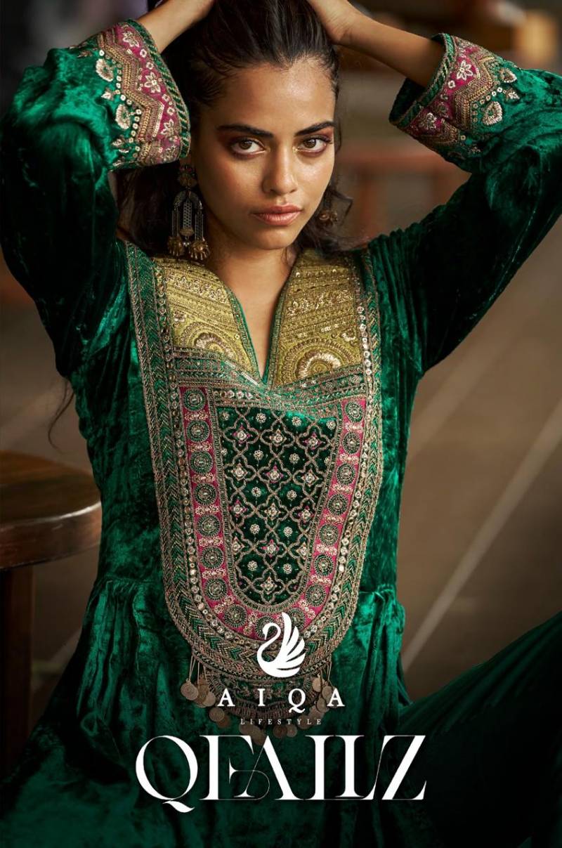 Aiqa Qealiz Viscose Velvet Handwork Designer Salwar Kameez