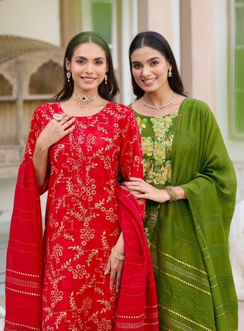 Radhika Alexa Vol 6 Vertican Silk Foil Printed Kurti Pant And Dupatta
