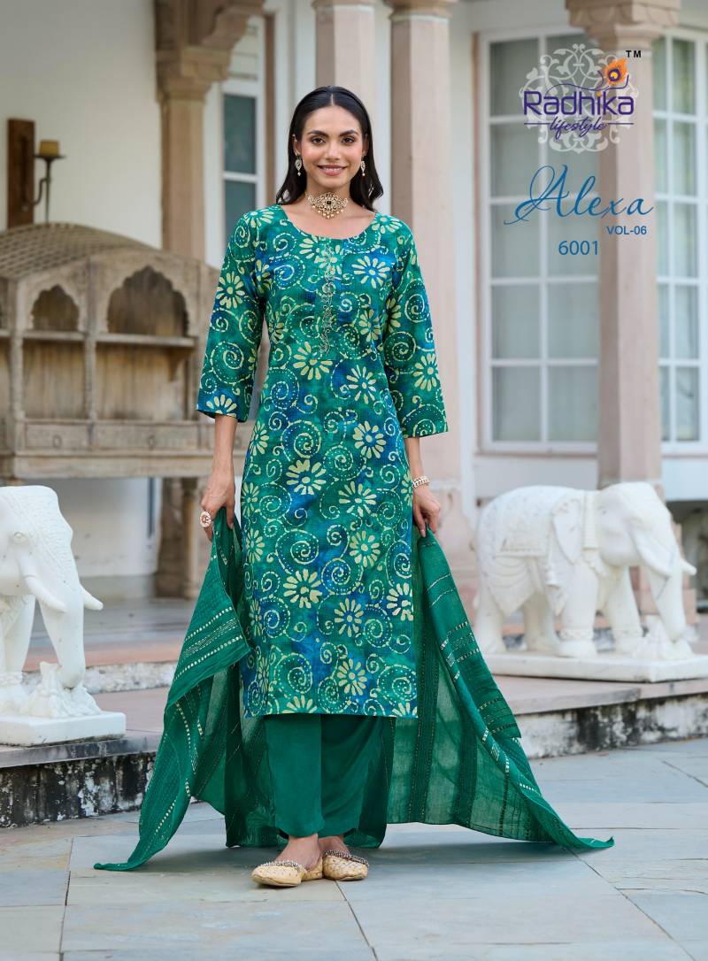 Radhika Alexa Vol 6 Vertican Silk Foil Printed Kurti Pant And Dupatta