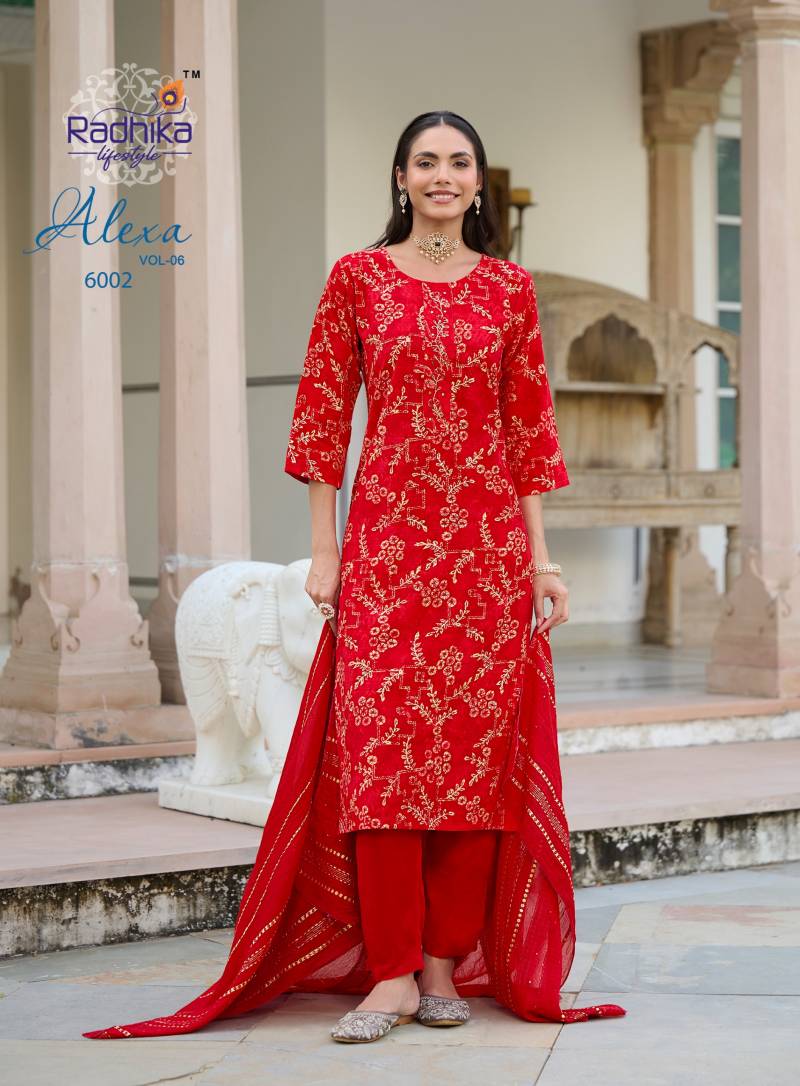 Radhika Alexa Vol 6 Vertican Silk Foil Printed Kurti Pant And Dupatta