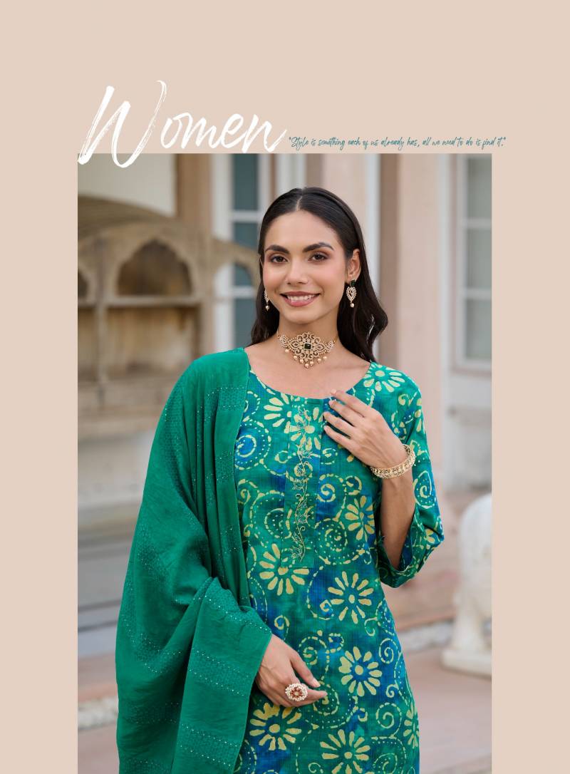Radhika Alexa Vol 6 Vertican Silk Foil Printed Kurti Pant And Dupatta
