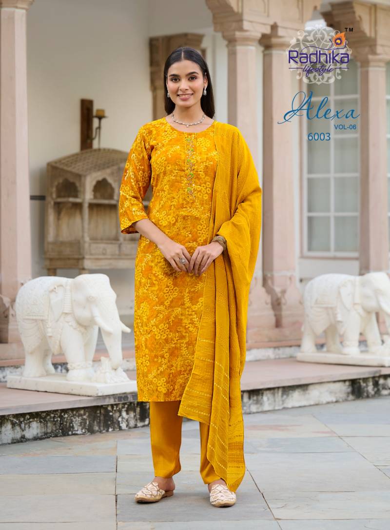Radhika Alexa Vol 6 Vertican Silk Foil Printed Kurti Pant And Dupatta