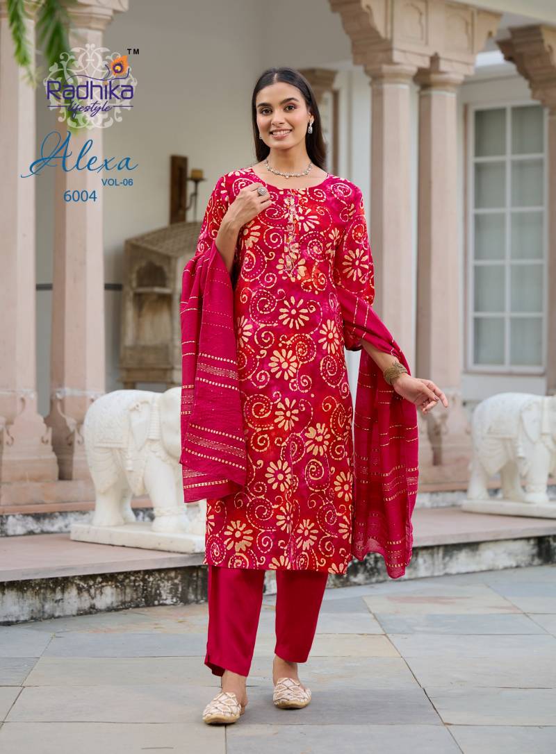 Radhika Alexa Vol 6 Vertican Silk Foil Printed Kurti Pant And Dupatta
