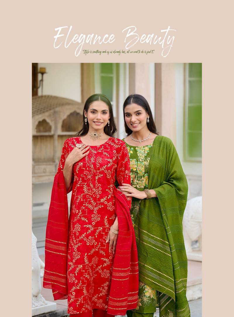 Radhika Alexa Vol 6 Vertican Silk Foil Printed Kurti Pant And Dupatta