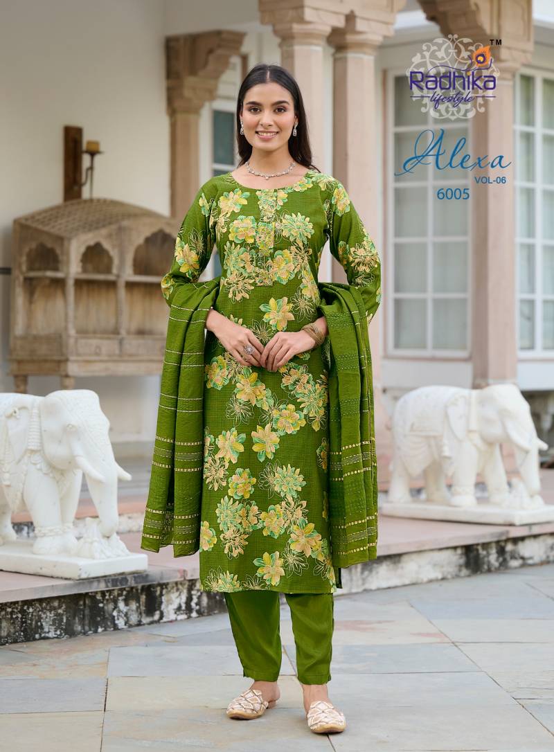 Radhika Alexa Vol 6 Vertican Silk Foil Printed Kurti Pant And Dupatta