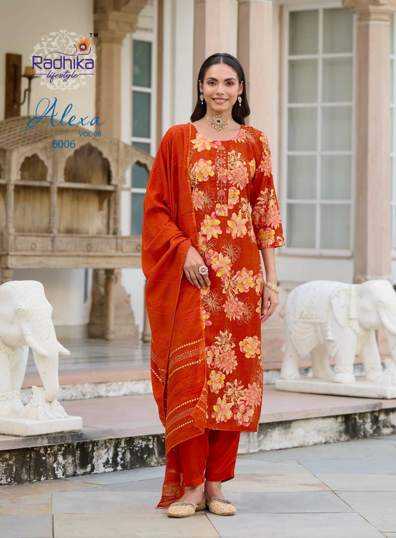 Radhika Alexa Vol 6 Vertican Silk Foil Printed Kurti Pant And Dupatta