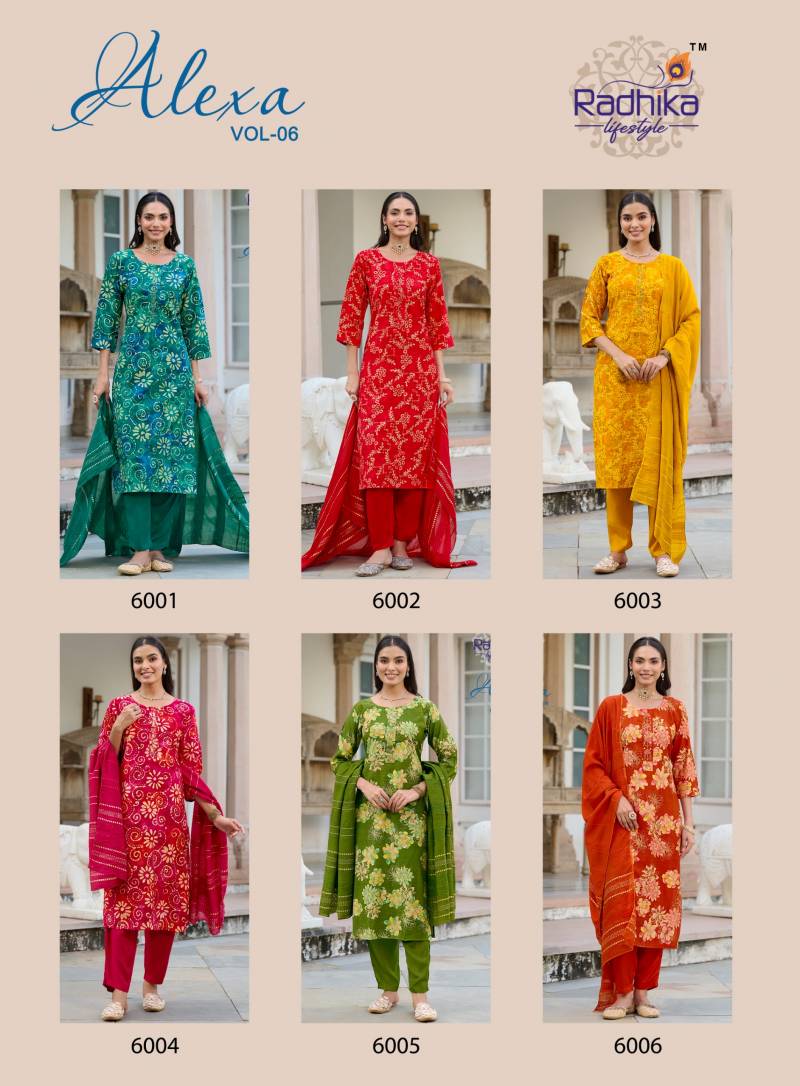 Radhika Alexa Vol 6 Vertican Silk Foil Printed Kurti Pant And Dupatta