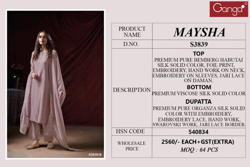 Ganga Maysha 3839 Bemberg Silk Embroidered Suit Collection