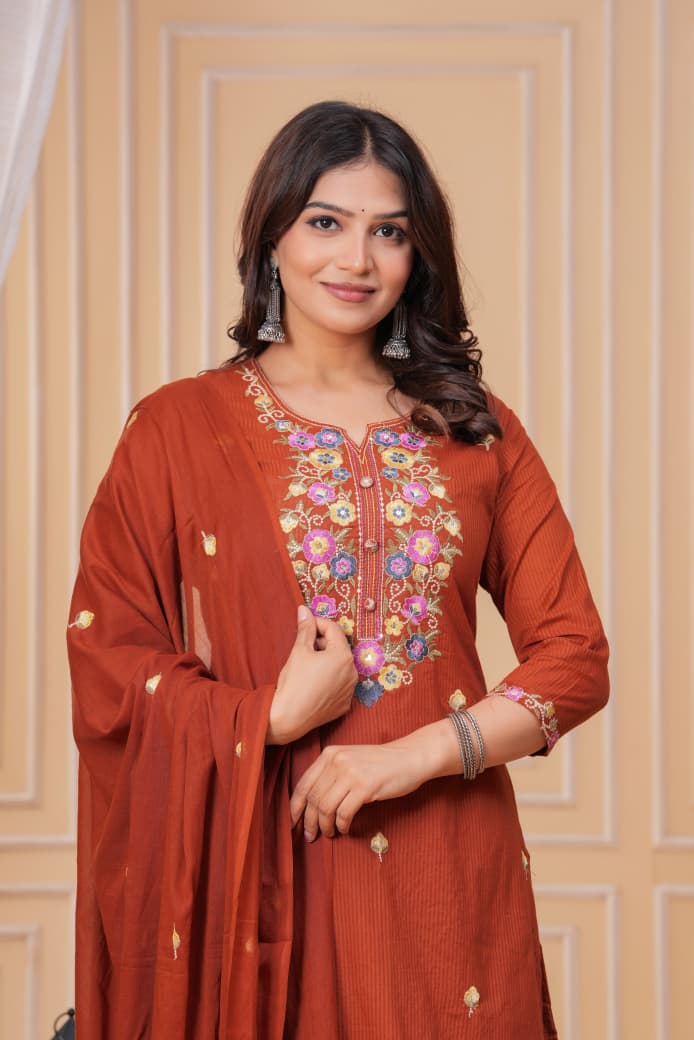 Naisha K 346 Cotton Embroidered Kurti Pant And Dupatta Collection