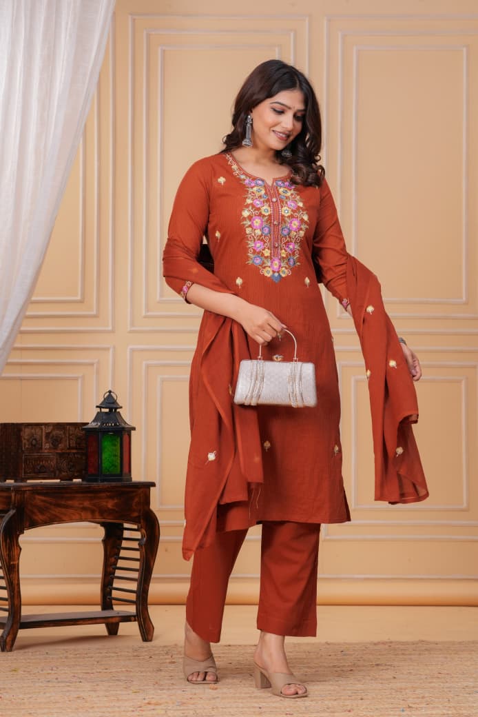Naisha K 346 Cotton Embroidered Kurti Pant And Dupatta Collection