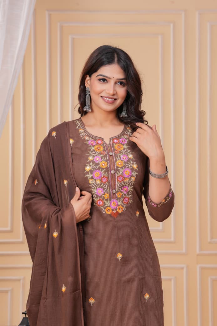 Naisha K 346 Cotton Embroidered Kurti Pant And Dupatta Collection