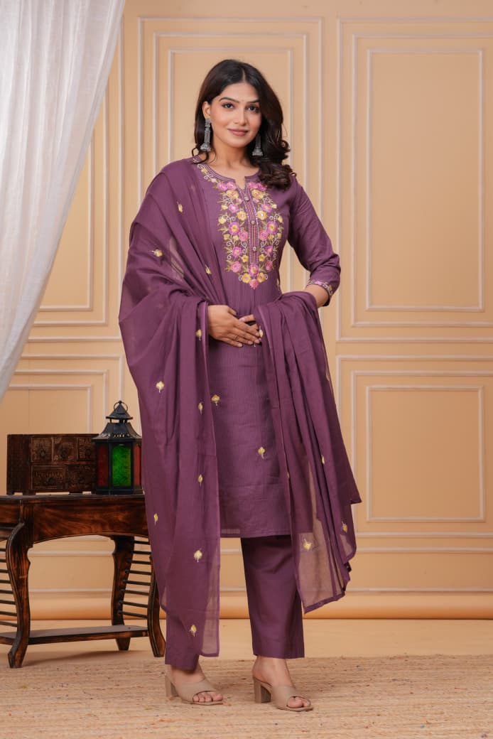 Naisha K 346 Cotton Embroidered Kurti Pant And Dupatta Collection