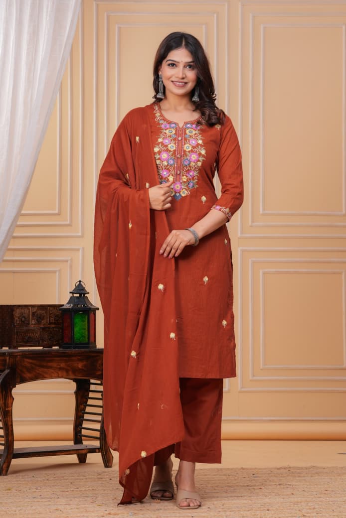 Naisha K 346 Cotton Embroidered Kurti Pant And Dupatta Collection