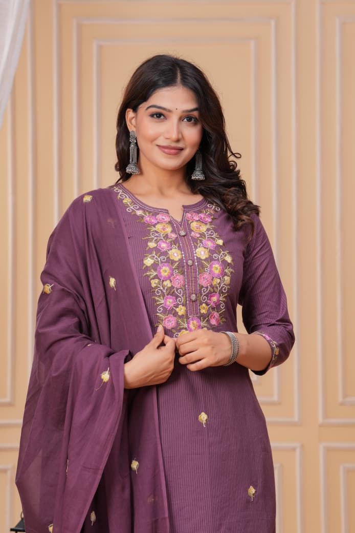 Naisha K 346 Cotton Embroidered Kurti Pant And Dupatta Collection