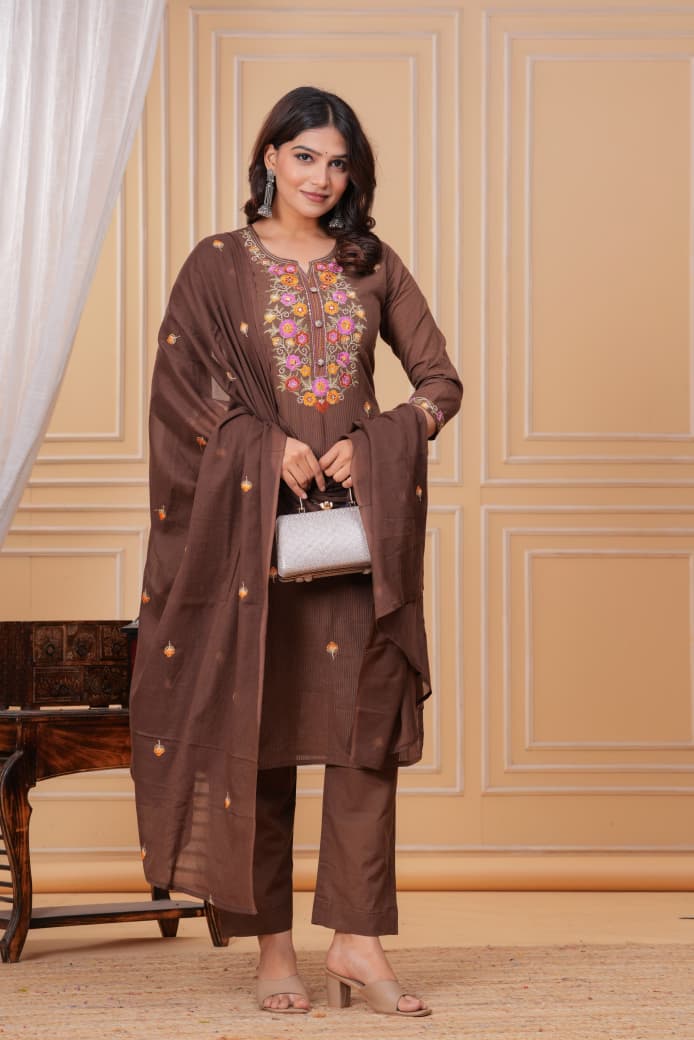 Naisha K 346 Cotton Embroidered Kurti Pant And Dupatta Collection