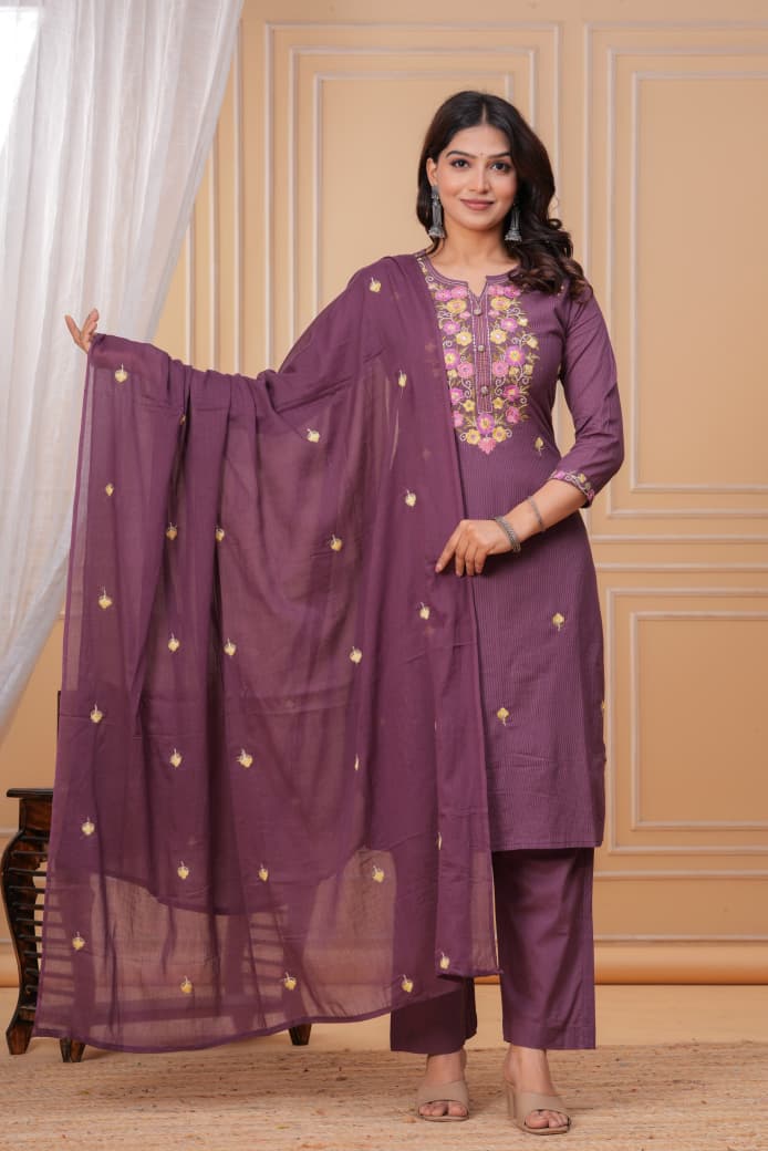 Naisha K 346 Cotton Embroidered Kurti Pant And Dupatta Collection