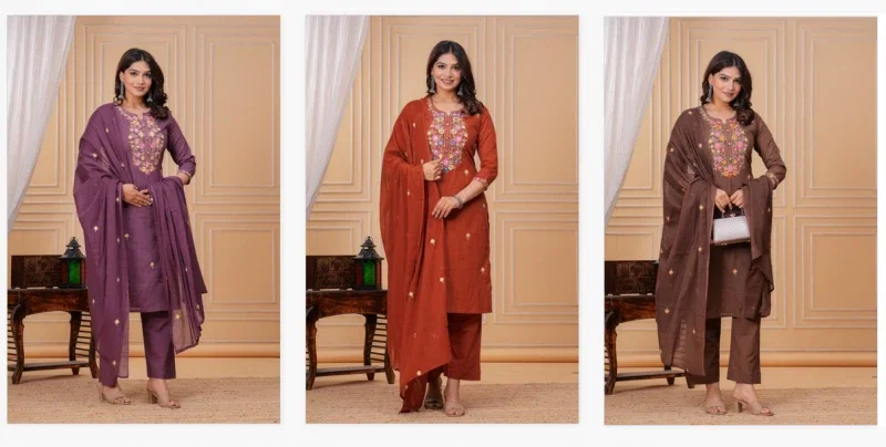 Naisha K 346 Cotton Embroidered Kurti Pant And Dupatta Collection