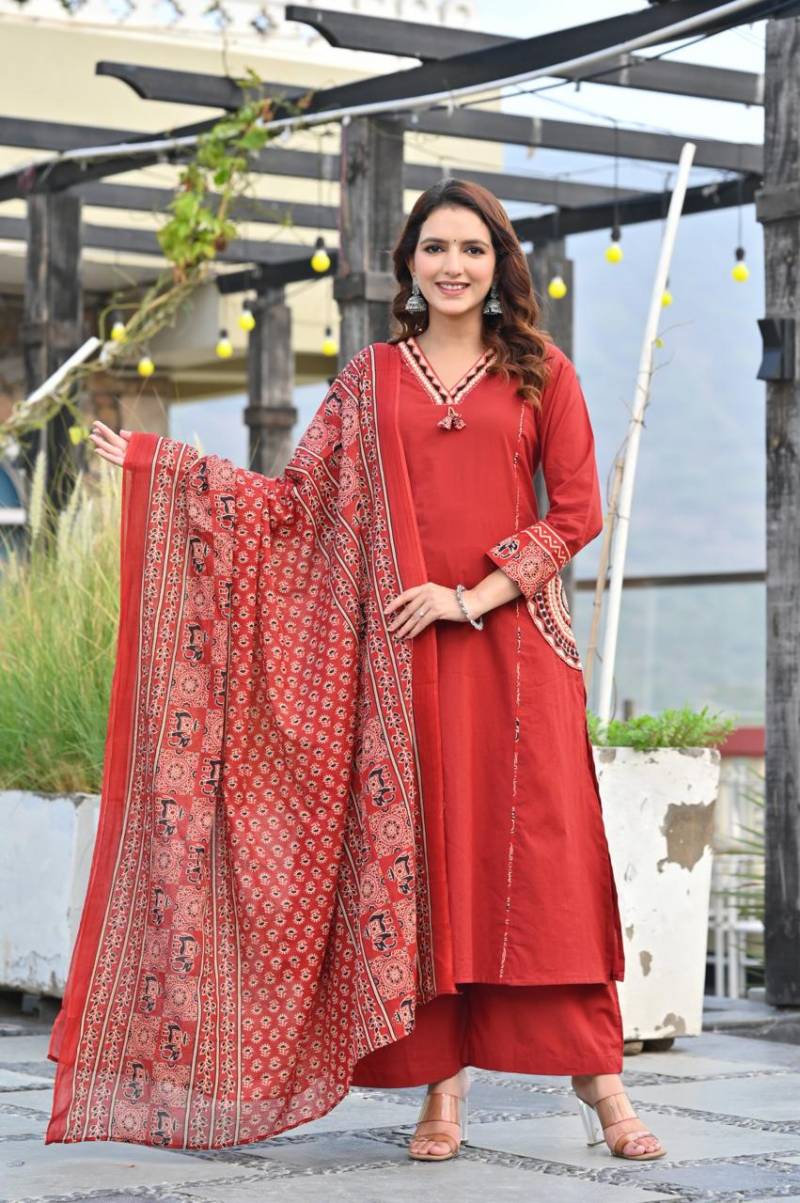 Naisha K 345 Cotton Embroidery Kurti Pant And Dupatta Collection