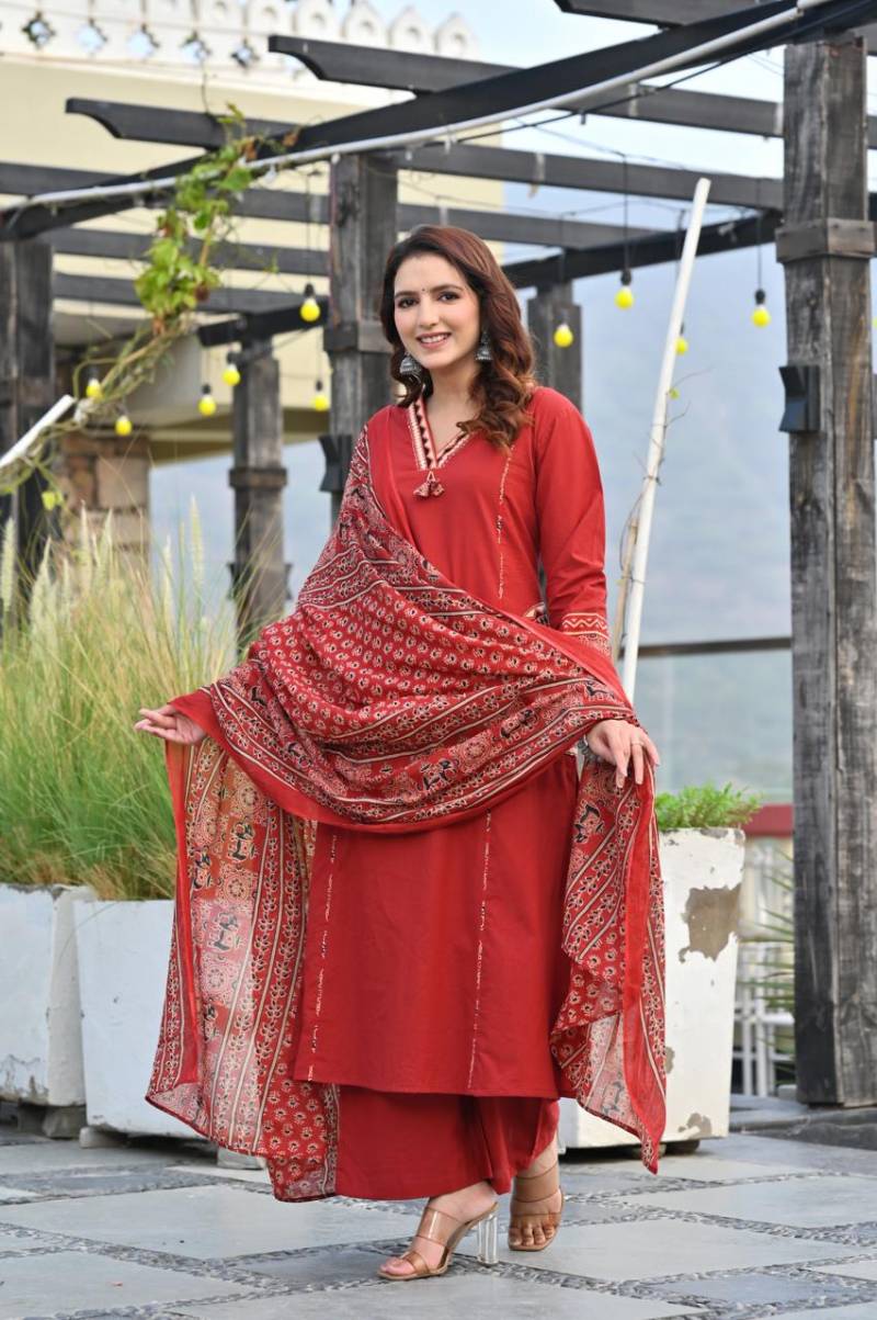 Naisha K 345 Cotton Embroidery Kurti Pant And Dupatta Collection