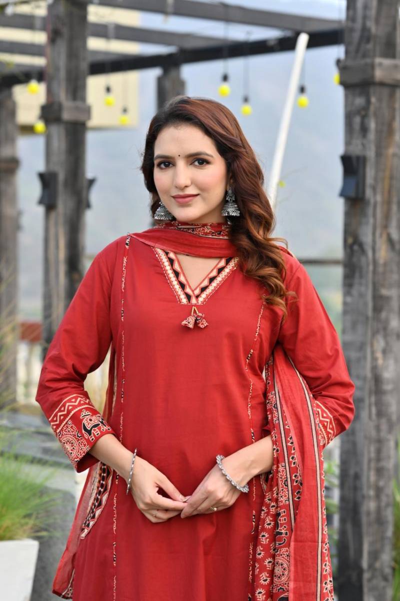 Naisha K 345 Cotton Embroidery Kurti Pant And Dupatta Collection
