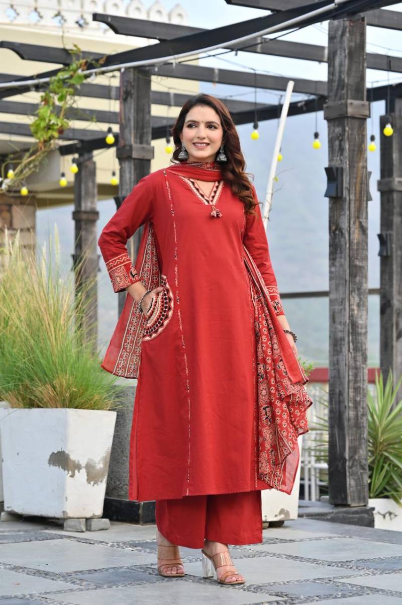 Naisha K 345 Cotton Embroidery Kurti Pant And Dupatta Collection