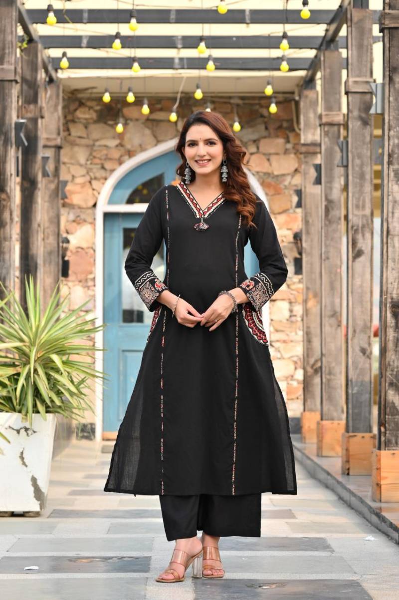Naisha K 345 Cotton Embroidery Kurti Pant And Dupatta Collection