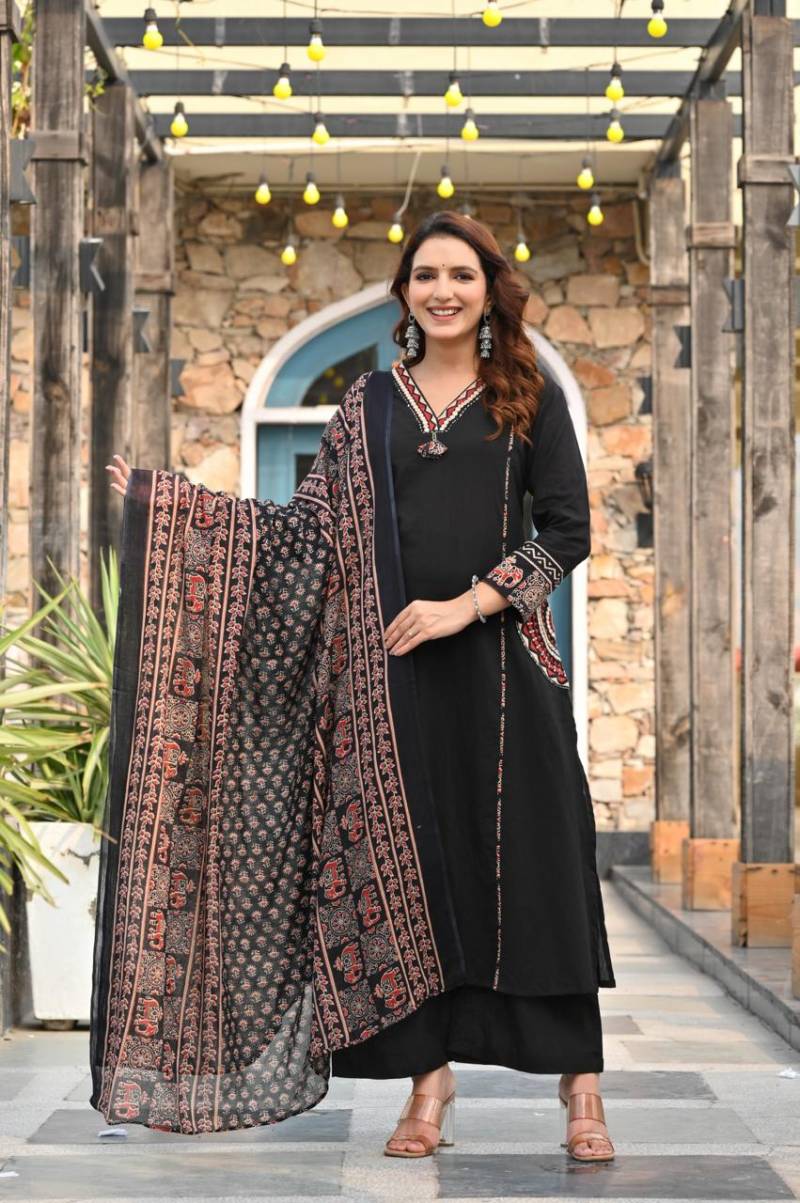 Naisha K 345 Cotton Embroidery Kurti Pant And Dupatta Collection