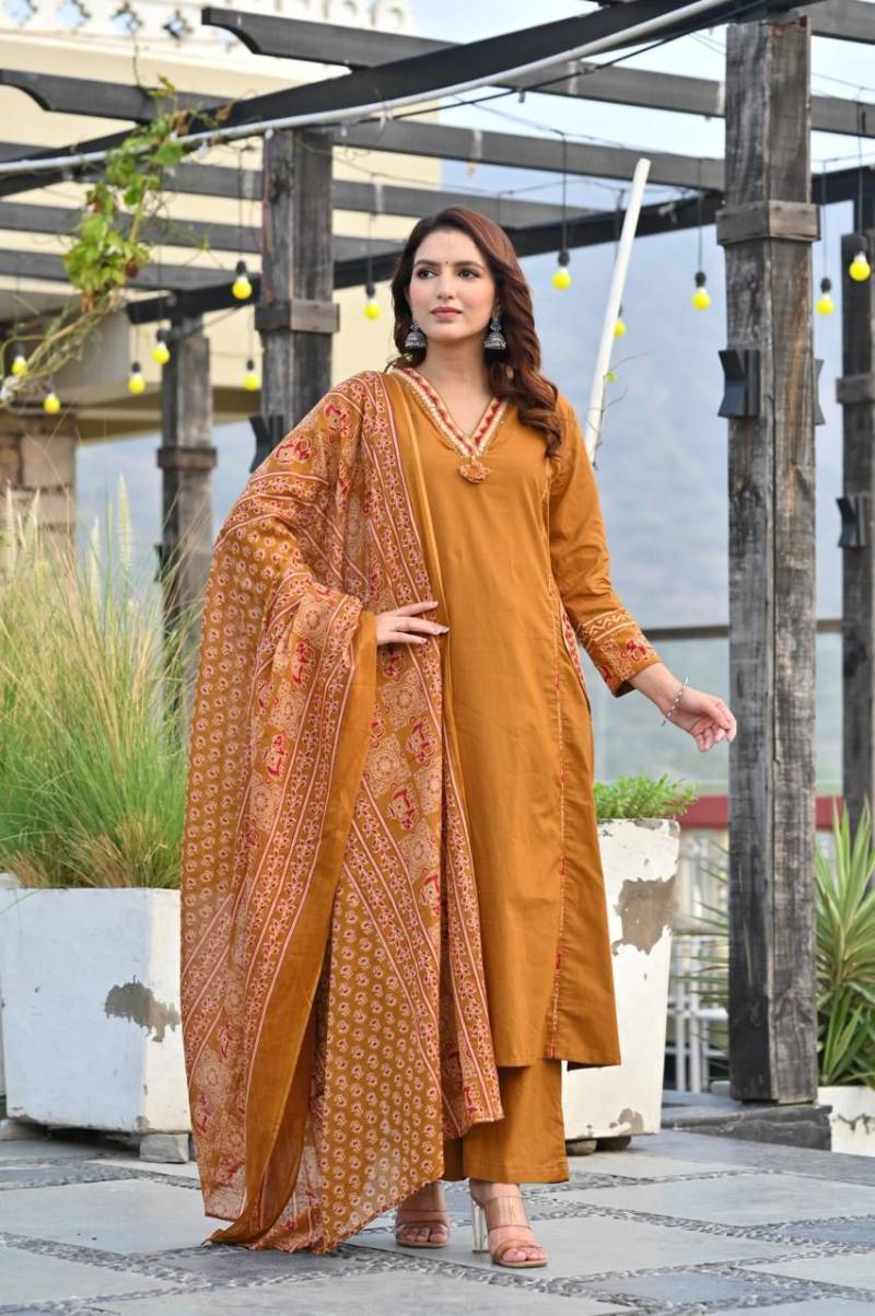 Naisha K 345 Cotton Embroidery Kurti Pant And Dupatta Collection
