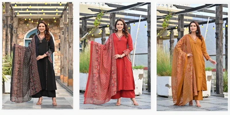Naisha K 345 Cotton Embroidery Kurti Pant And Dupatta Collection