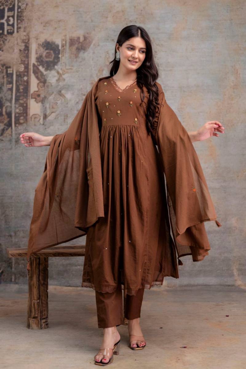 Naisha K 347 Cotton Embroidery Work Kurti Pant And Dupatta