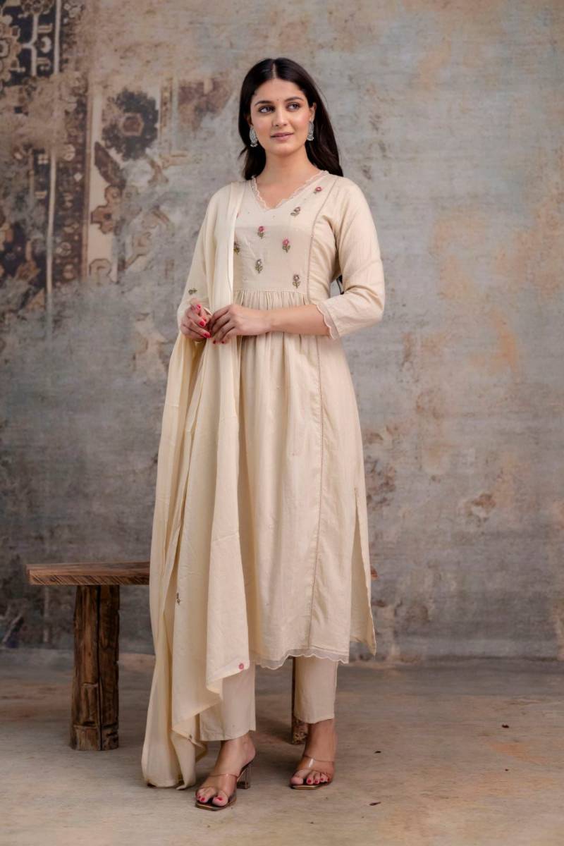 Naisha K 347 Cotton Embroidery Work Kurti Pant And Dupatta