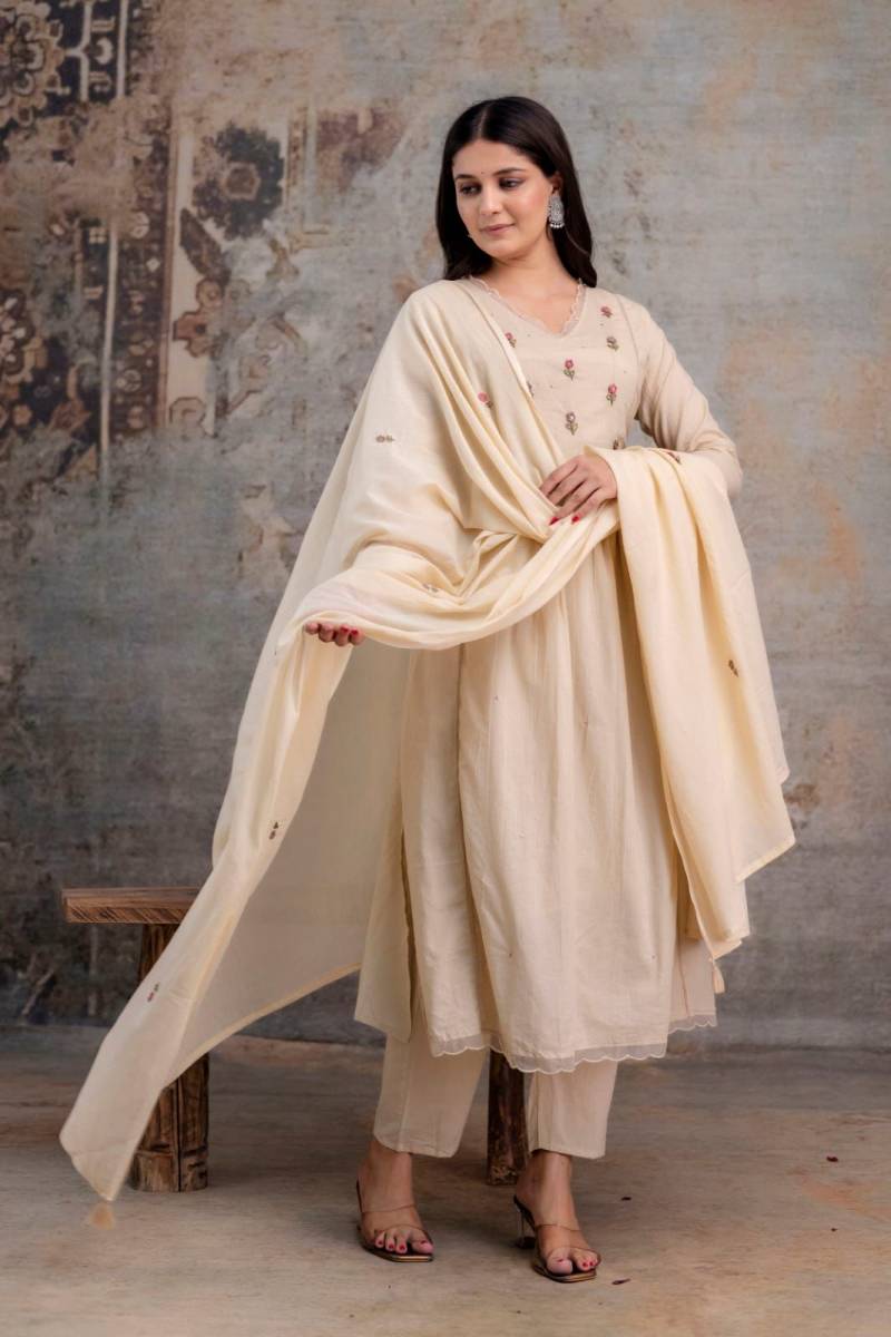 Naisha K 347 Cotton Embroidery Work Kurti Pant And Dupatta