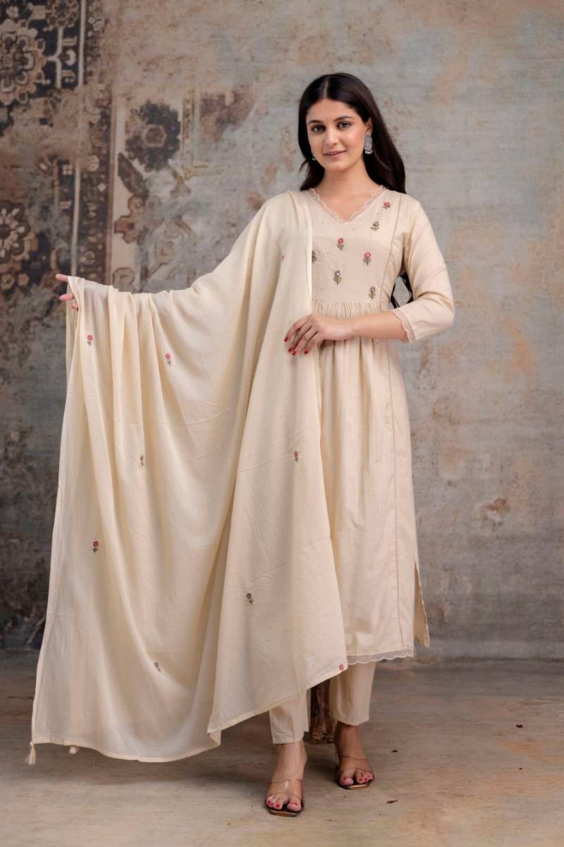 Naisha K 347 Cotton Embroidery Work Kurti Pant And Dupatta